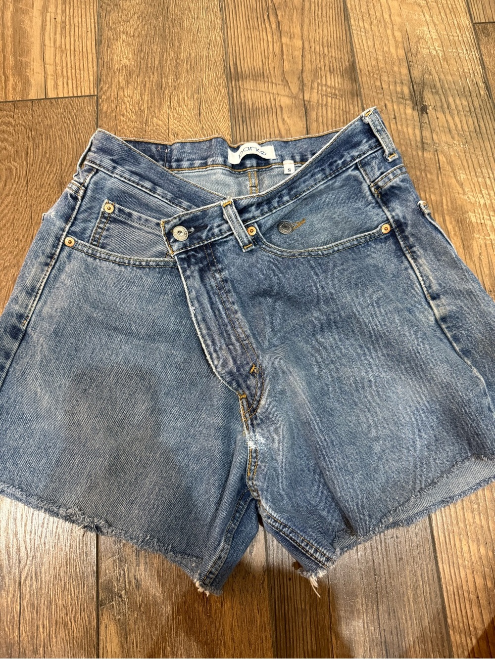High-Rise Washed Blue Denim Shorts with Frayed Hem